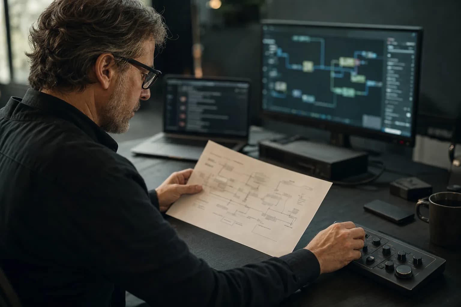 An AI systems operator reviewing a workflow while monitoring connected processes.